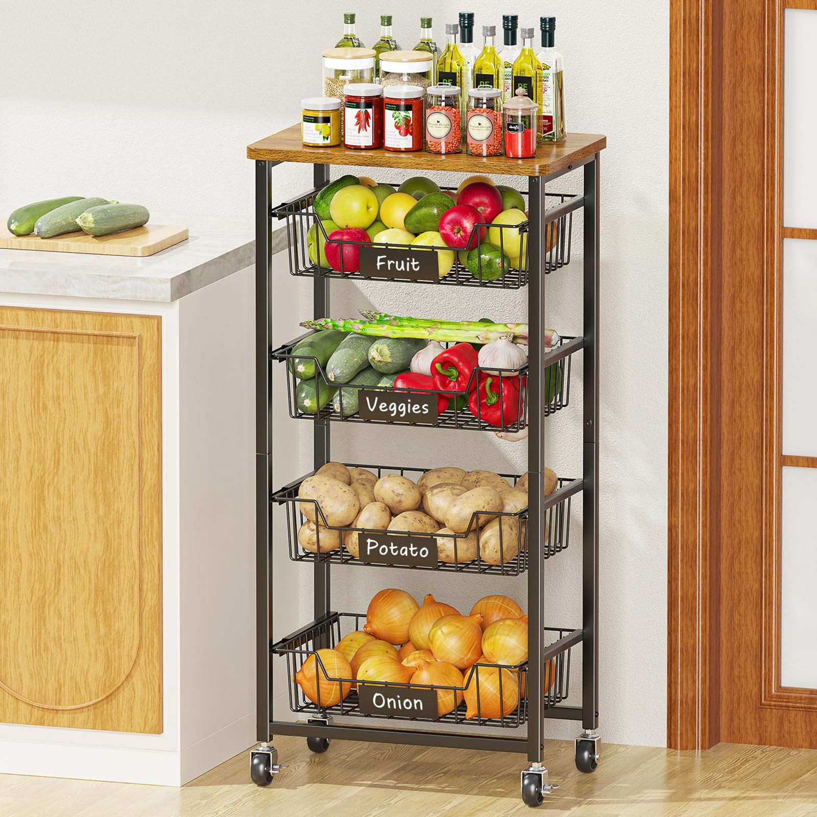 Kitchen Storage Cart with Wheels, 5-Tier Metal Utility Rolling Cart Fruit Veg...