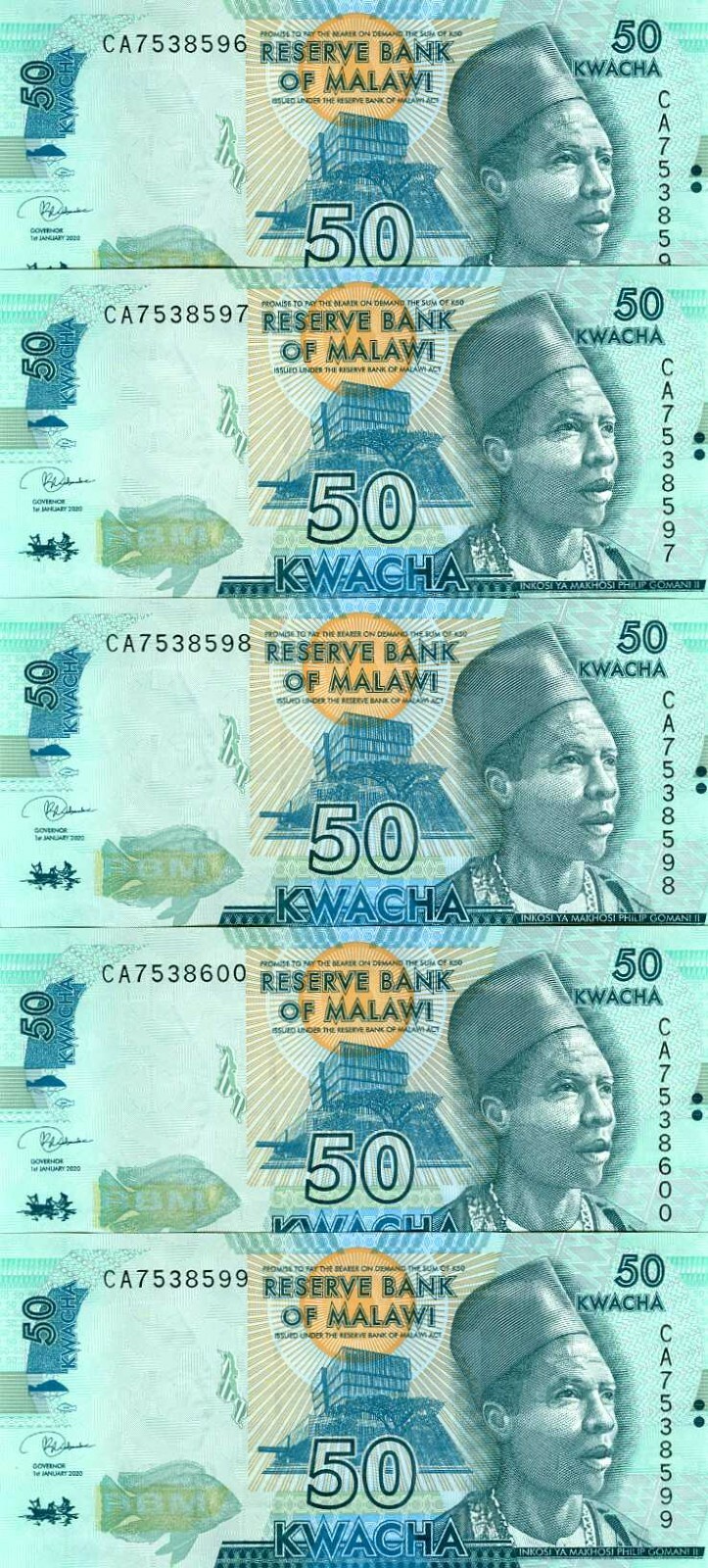 LOT Malawi, 5 x 50 Kwacha, 2020, P-64g, UNC New date and signature