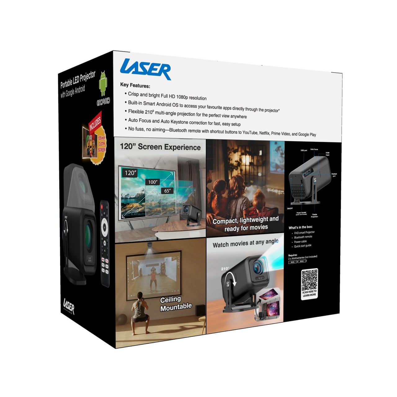 Laser 1080p Android 13 Smart Projector Auto Focus 210 Tilt