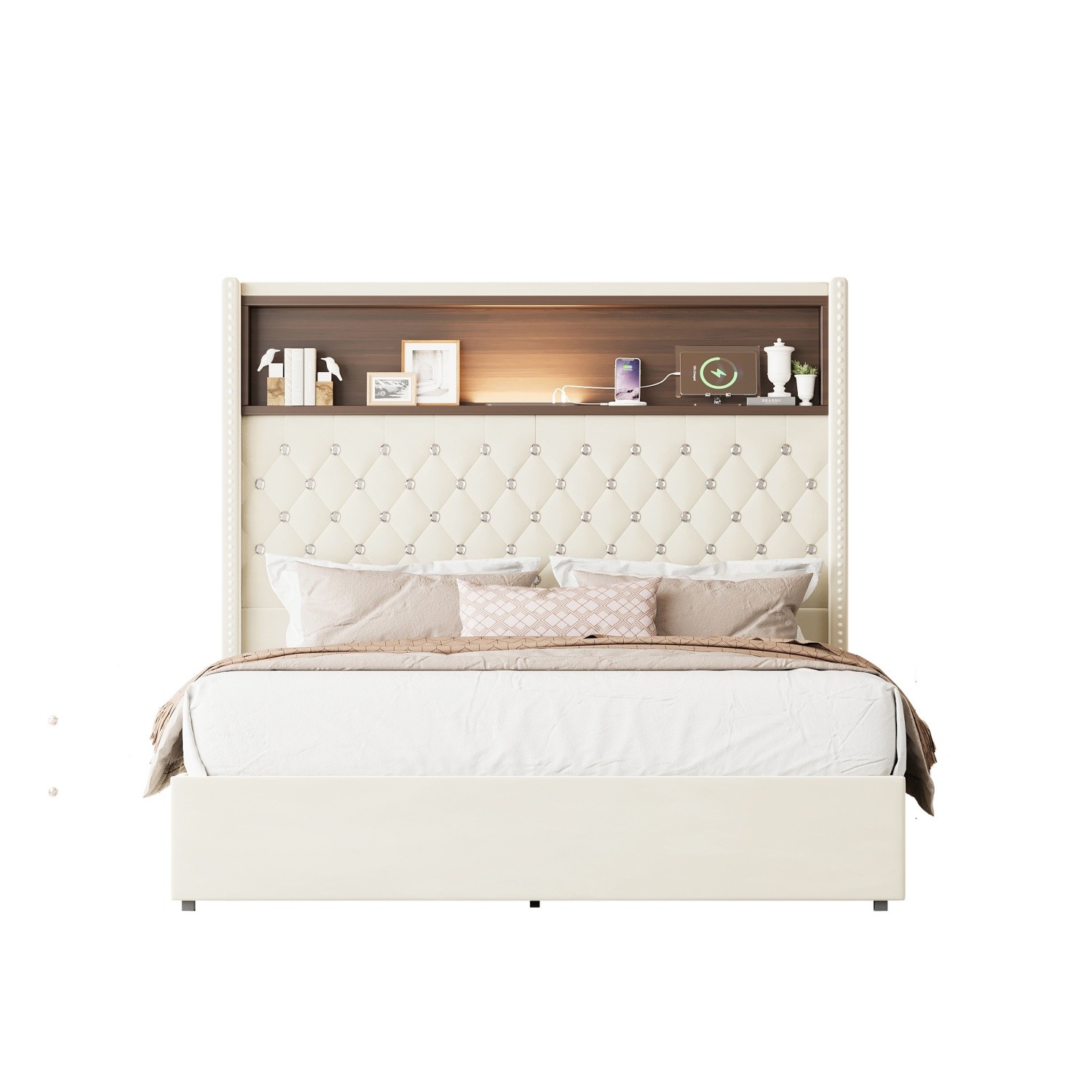 Full Size Velvet Bed Frame w/ Tufted Storage Headboard & Night Light & USB Ports