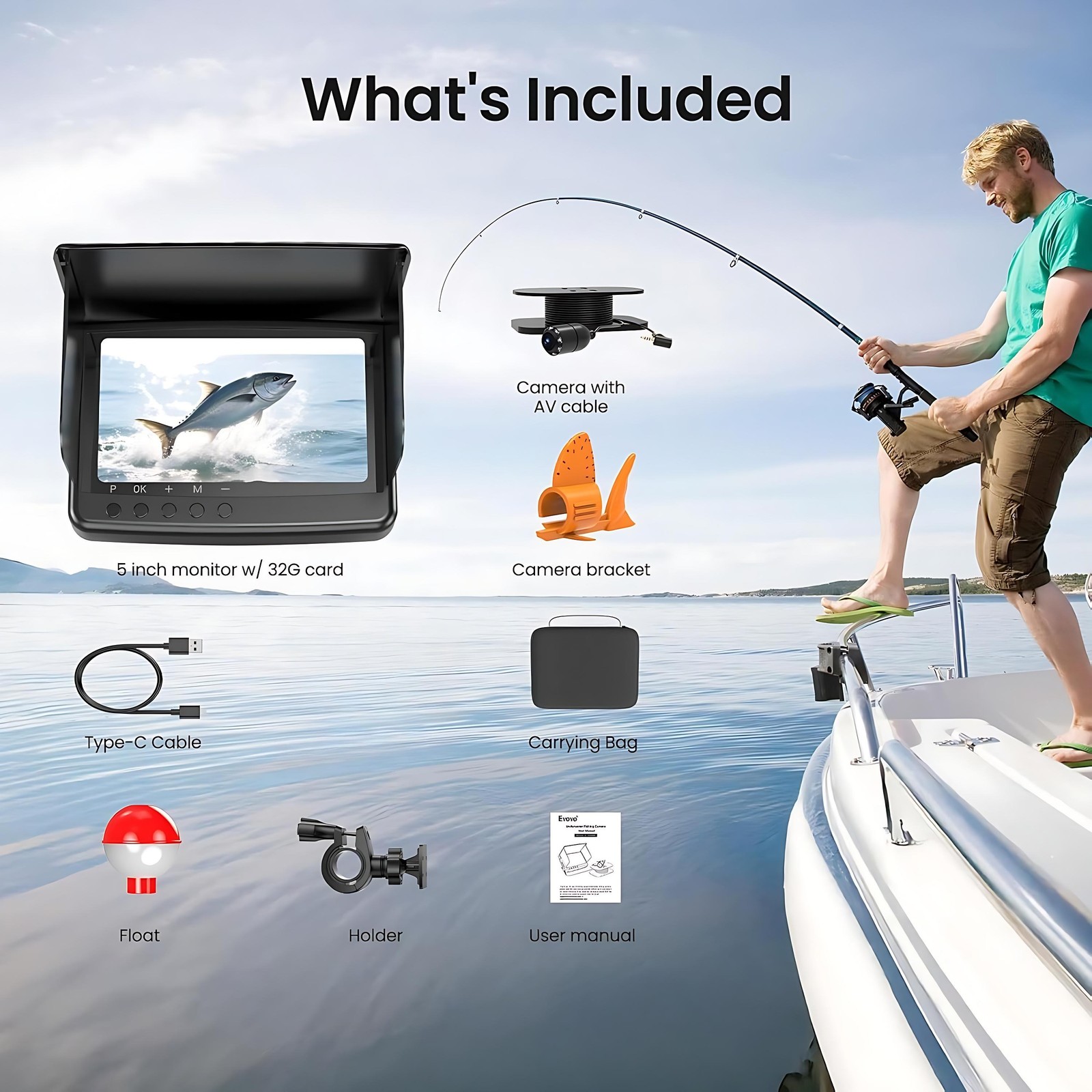 Eyoyo 5'' Underwater Fishing Camera,720P Fish Finder, 32G DVR Recording,8 IR LED