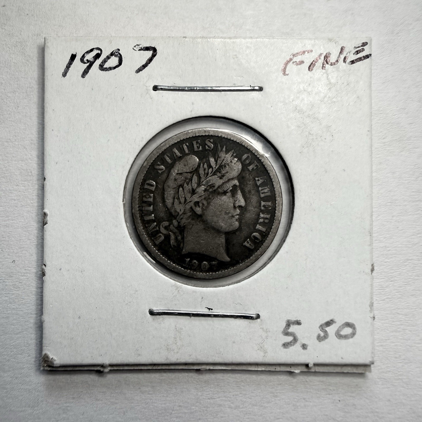 1907-P Barber Dime 10C SILVER - Fine (F)