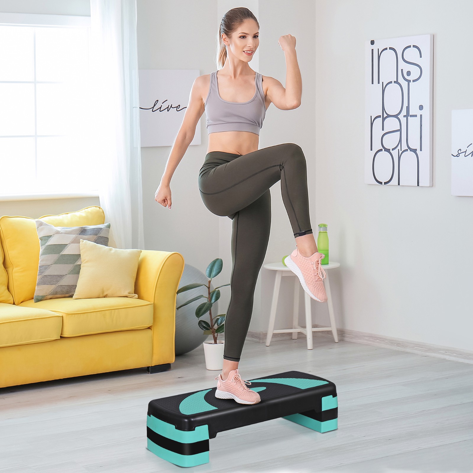 Aerobic Step Platform w/4 Stackable Riser Exercise Step Adjust 4"-6''-8'' Green