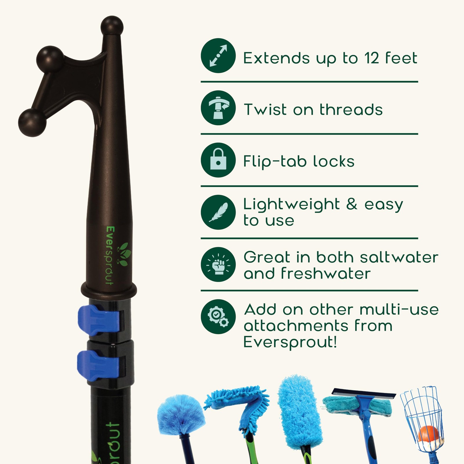 EVERSPROUT 4.5-to-12ft Durable Telescoping Boat Hook – Lightweight Push Pole for