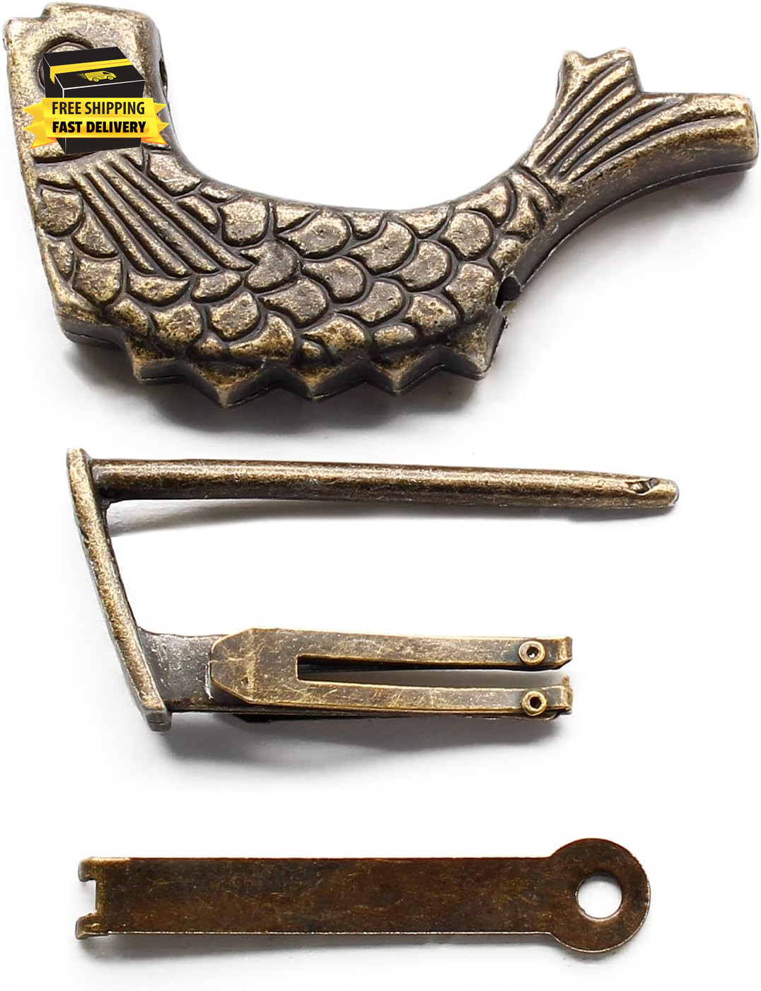 Vintage Fish Shaped Padlock, Bronze Antique Chinese Lock with Key for Jewelry Bo
