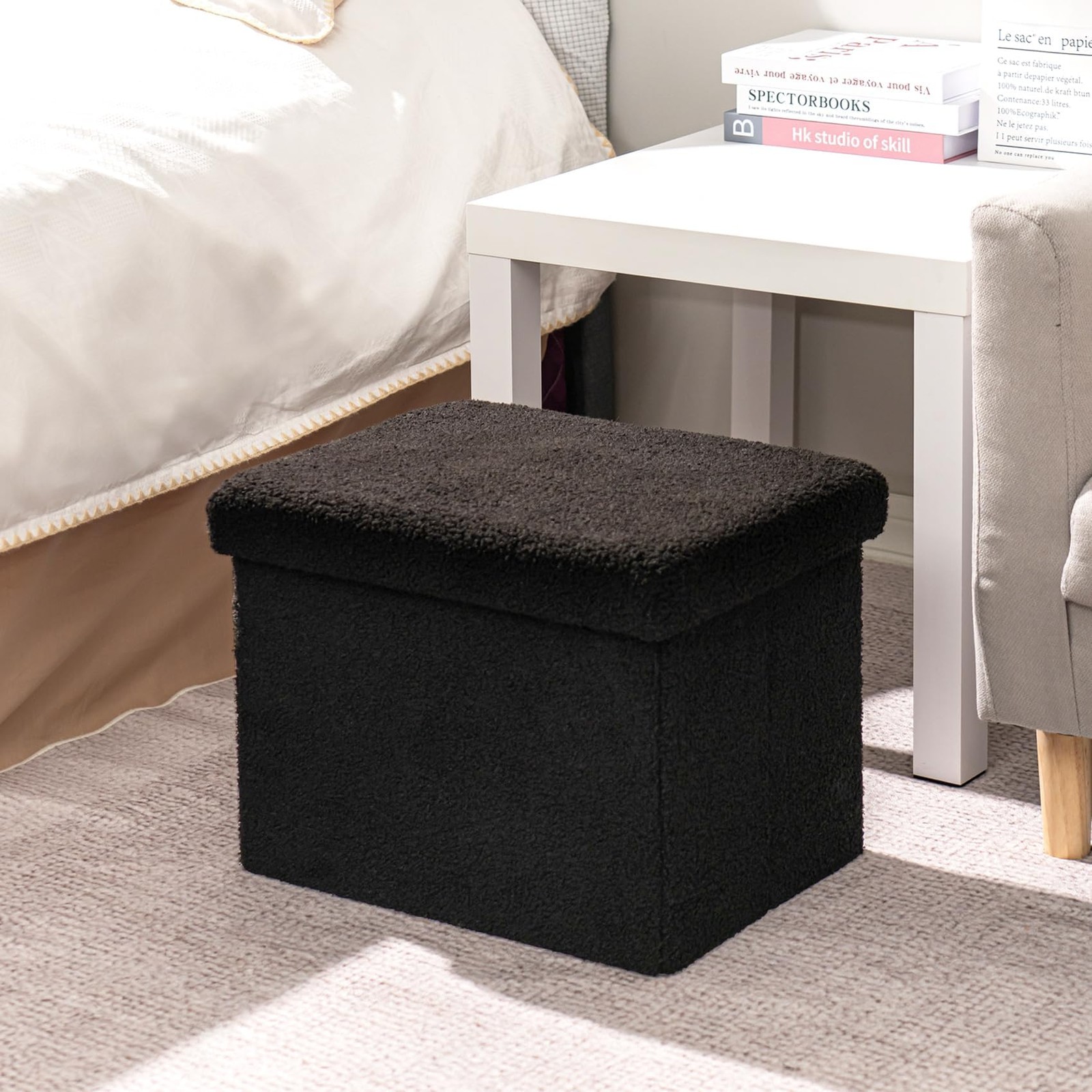 Storage Ottoman Cube Small Sherpa Ottoman Foot Rest, Foldable Portable Boucle...