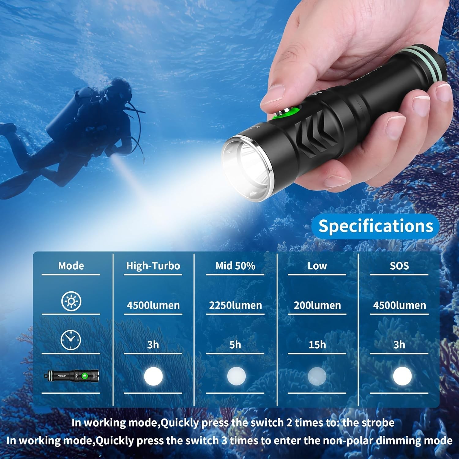 High Performance Dive Light 5000 Lumen Waterproof Torch Night Diving Flashlight