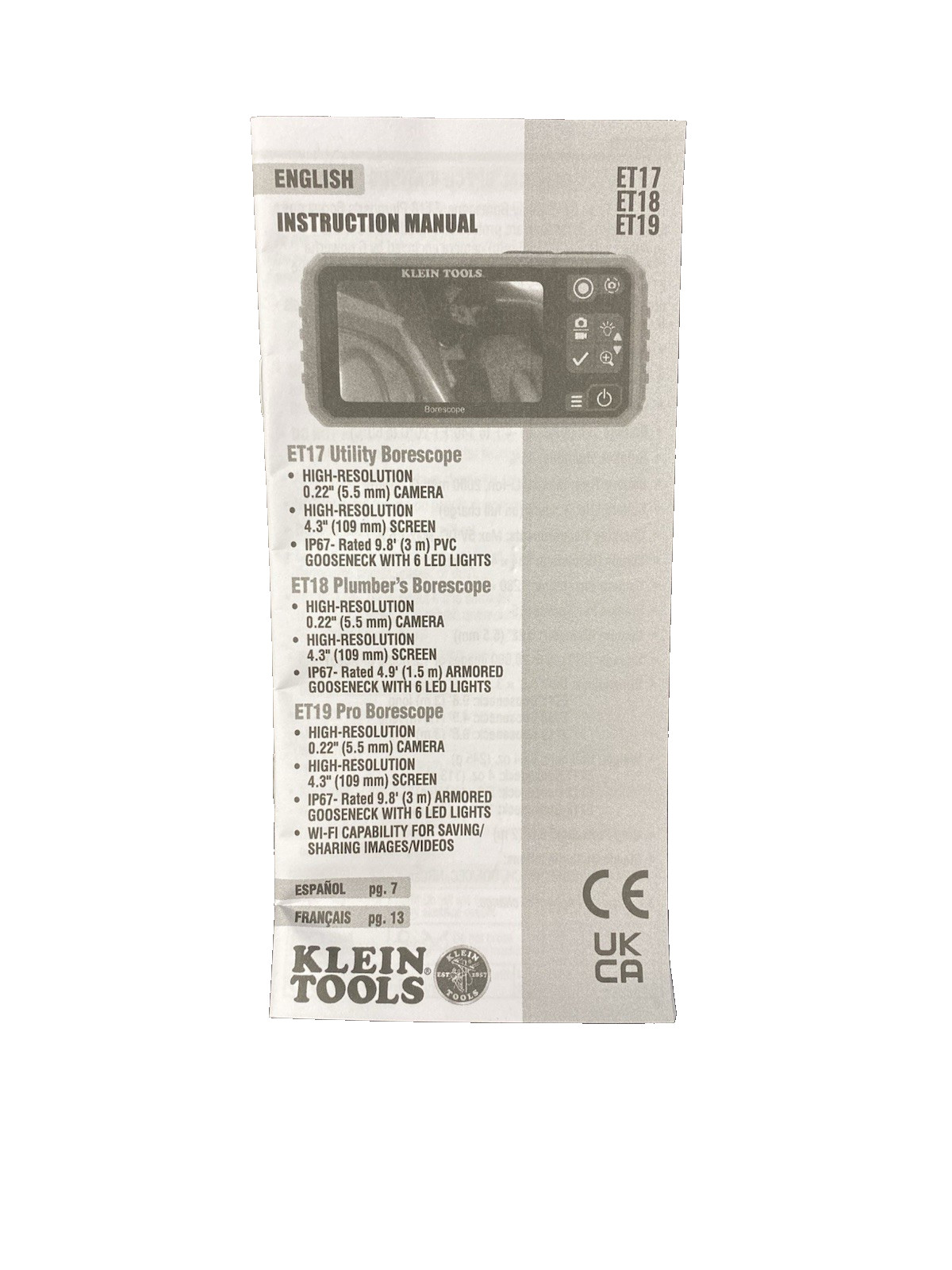 Klein Tools ET17 Utility Borescope Inspection Camera Water Resistant, 10ft Cord