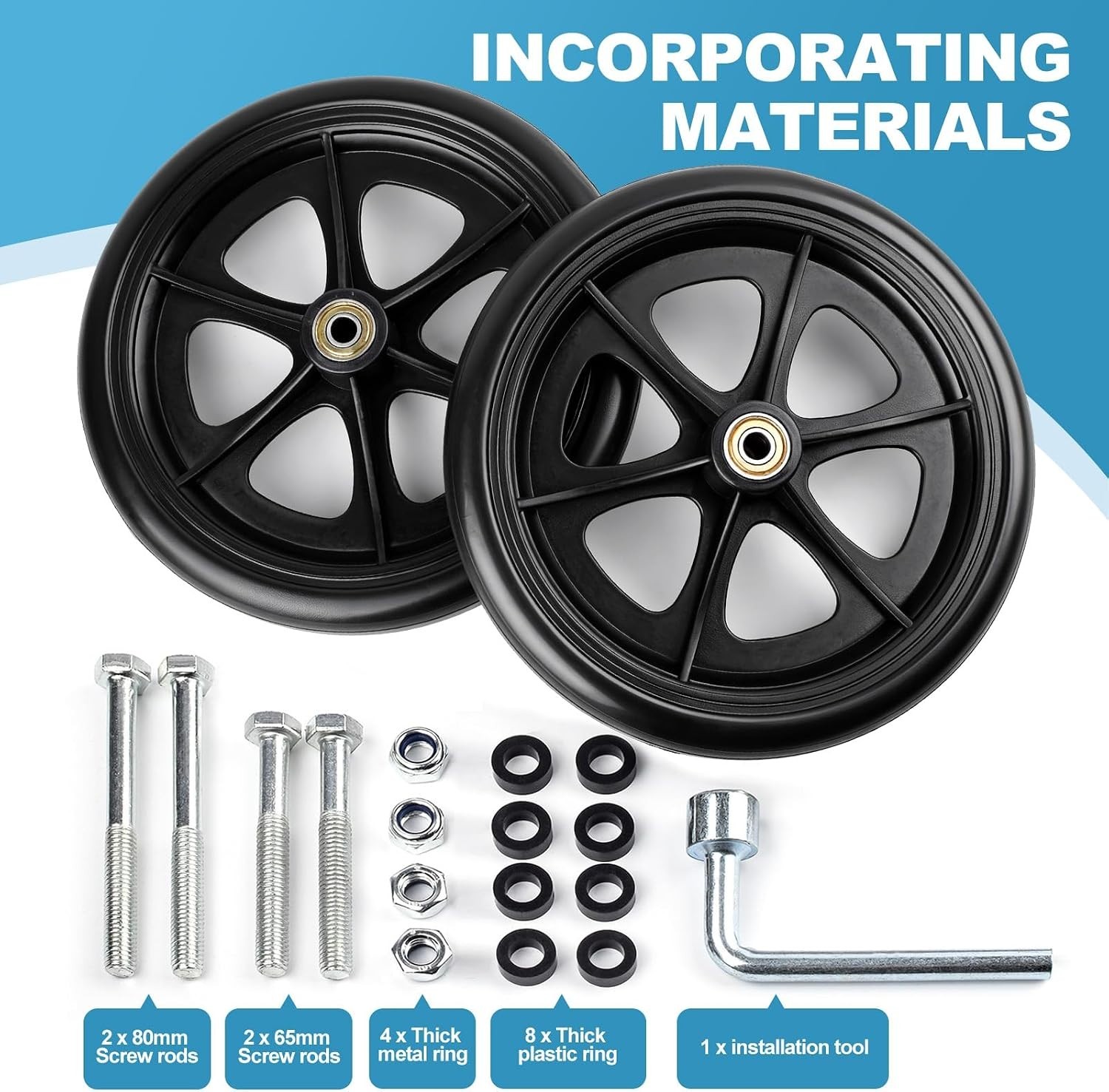 Heavy Duty 8 Inch Replacement Wheels for Wheelchairs & Rollators - Easy Install