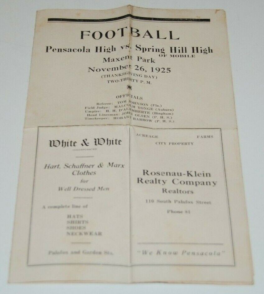 1925 PENSACOLA FLORIDA HS vs Spring Hill HS MOBILE ALABAMA Football Program