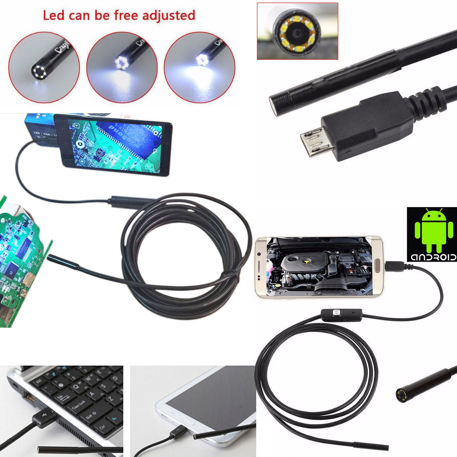 5M Mini Android HD Endoscope Waterproof Tube Camera 6 LED Micro USB Borescope US