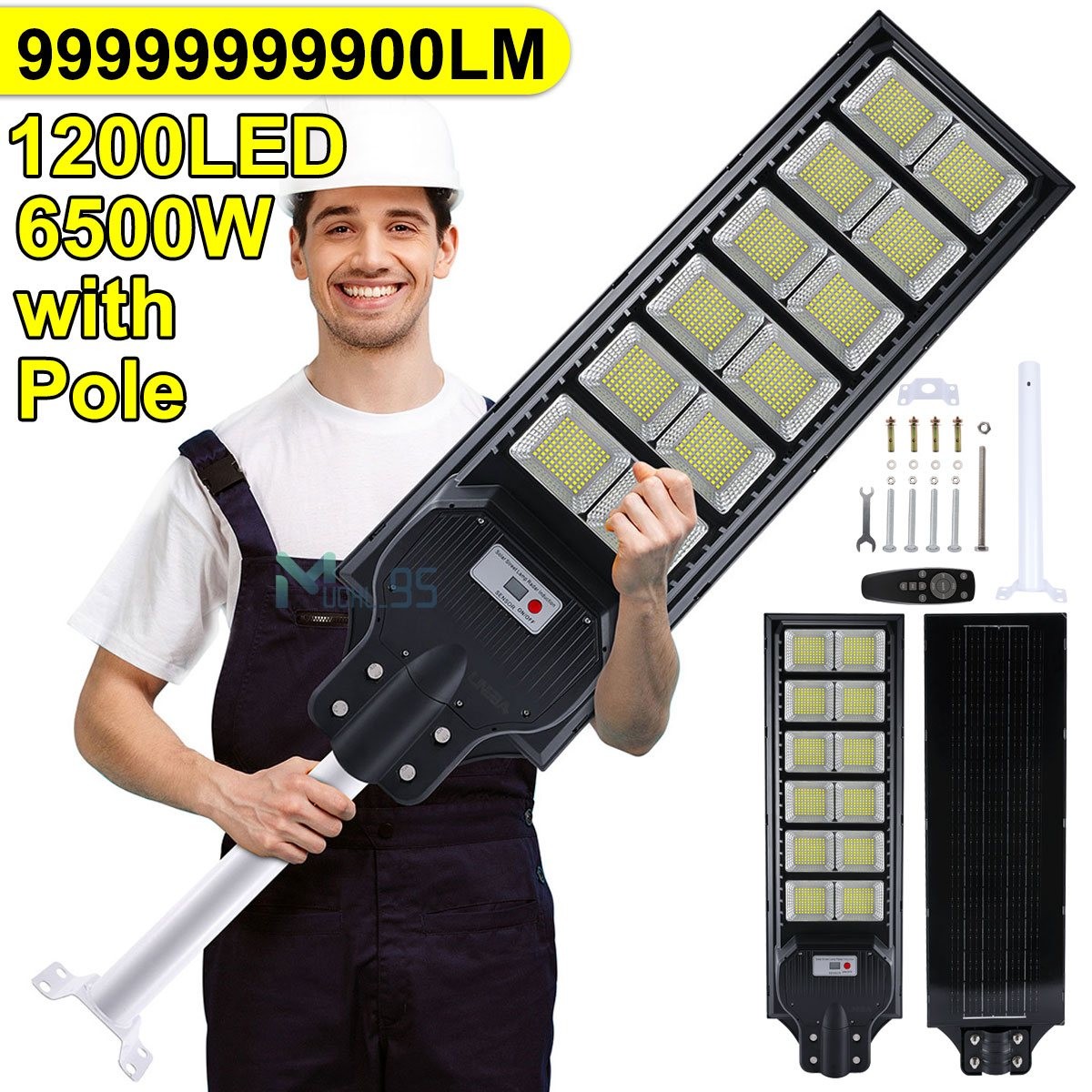 6500W Commercial Solar Street Light Dusk-to-Dawn 1200 LED Super Bright Lamp+Pole
