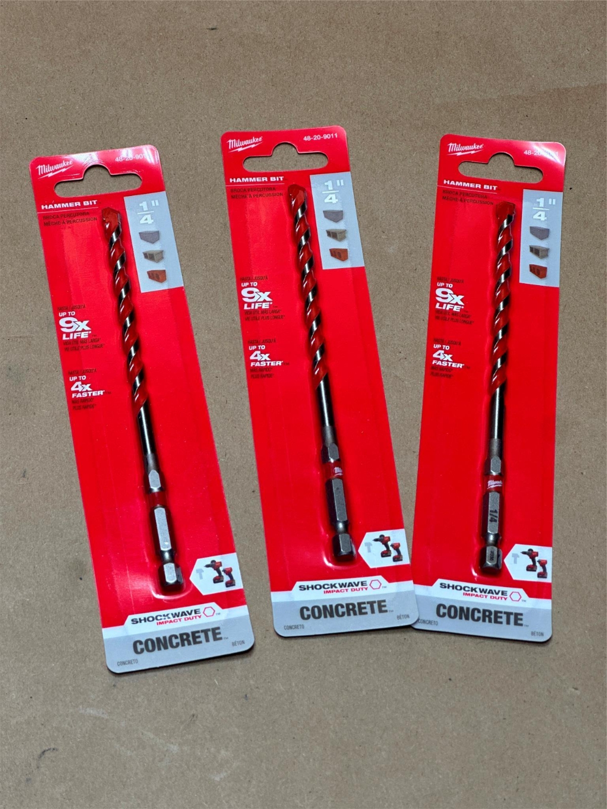 3x Pack Milwaukee Shockwave Hex Carbide Hammer Concrete Drill Bit 1/4" x 4" x 6"