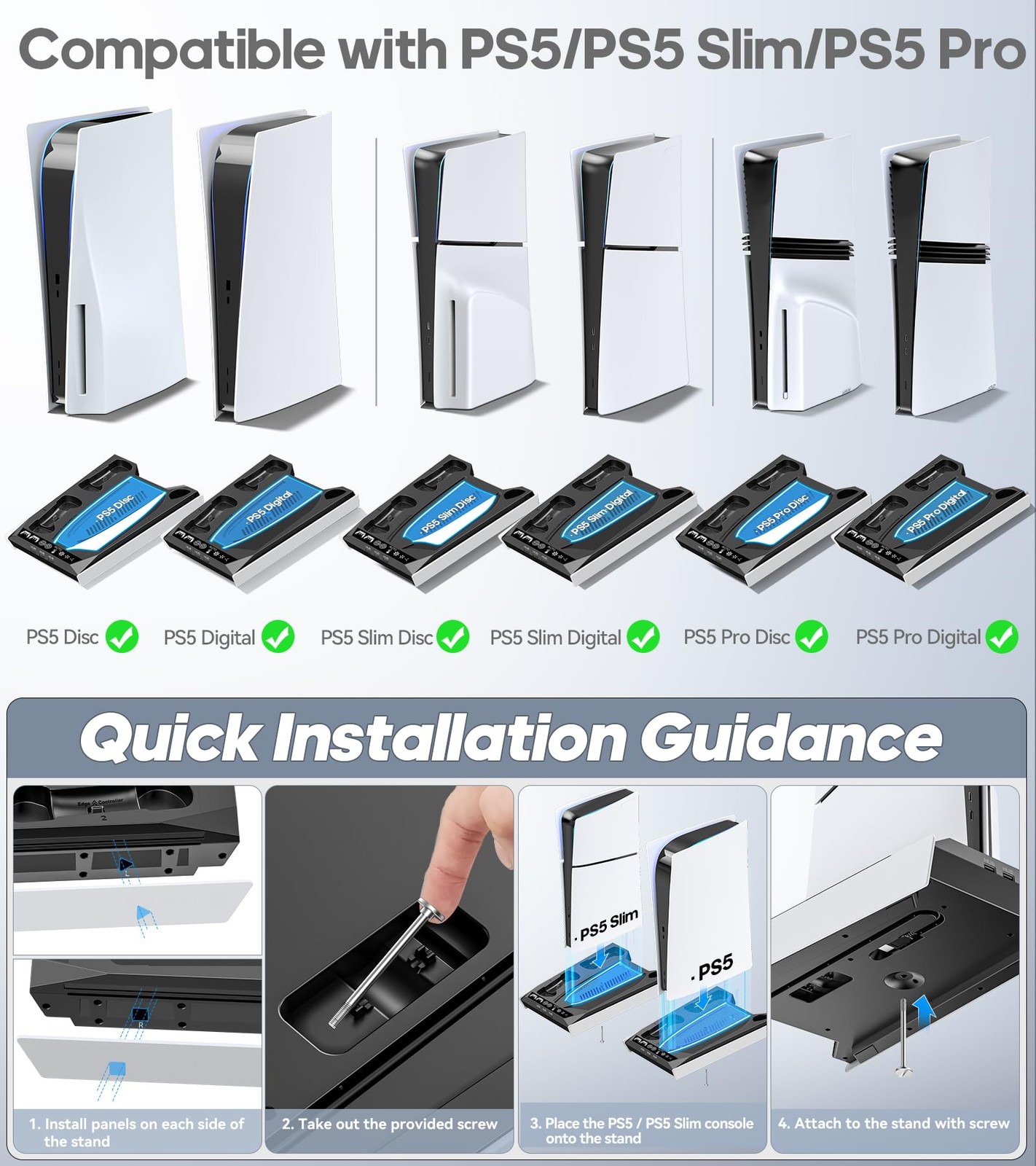 PS5/Slim/Pro Stand for Disc & Digital Console, PS5 Cooling & Black & White