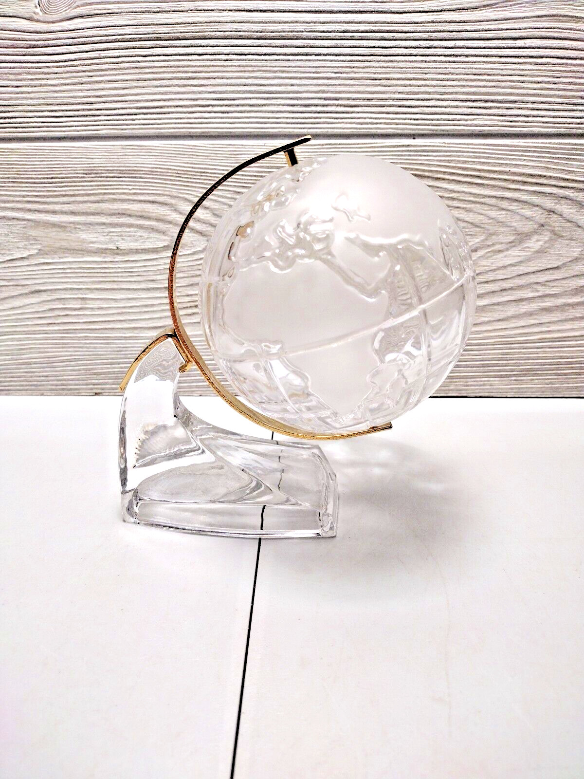 Heavy Glass Earth World Globe On Glass Base Brass Accents Paper Weight