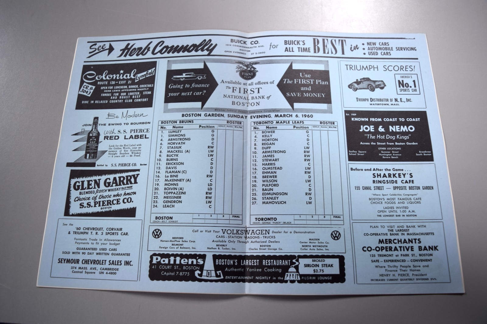 Boston Bruins Vs Toronto Maple Leafs March 6th 1960 Official Game Program Bower
