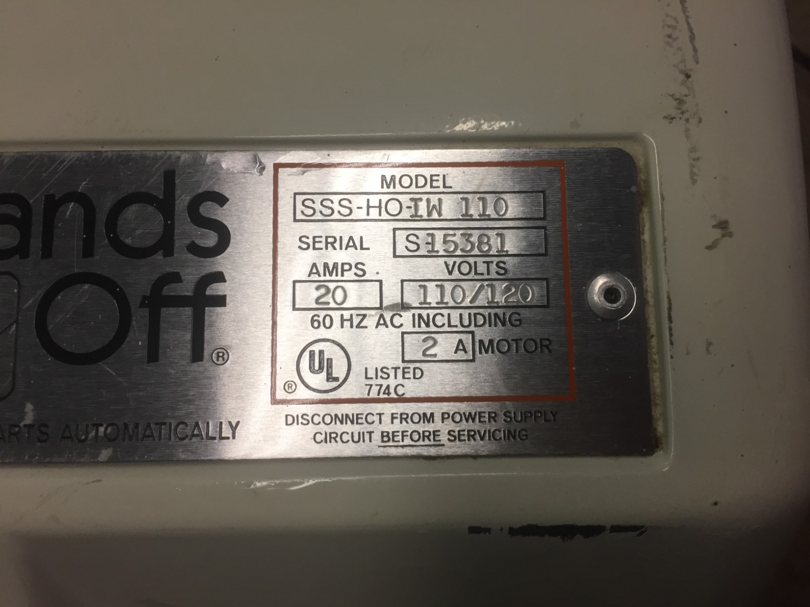 USED SSS HANDS OFF HAND DRYER MODEL HO-IL-IW 110 A