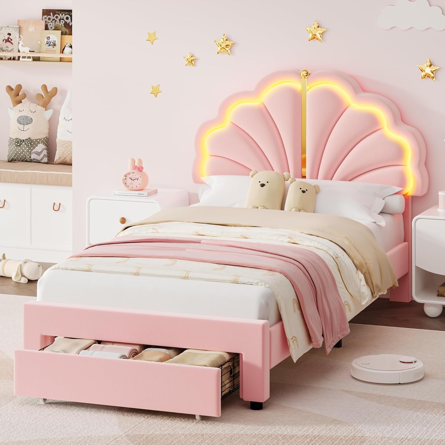 Twin Princess Bed Frame Pink Velvet LED