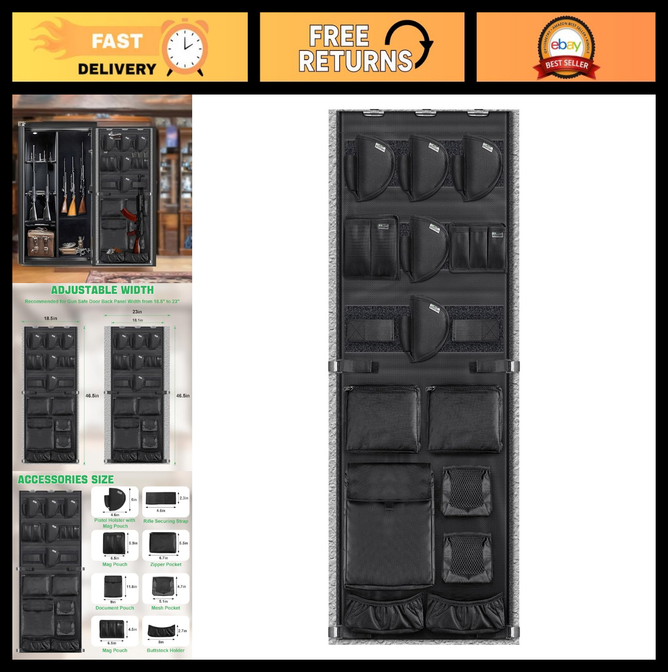 Gun Safe Door Organizer with Pistol Holders & Magazine Pouch, Adjustable 18.5-23