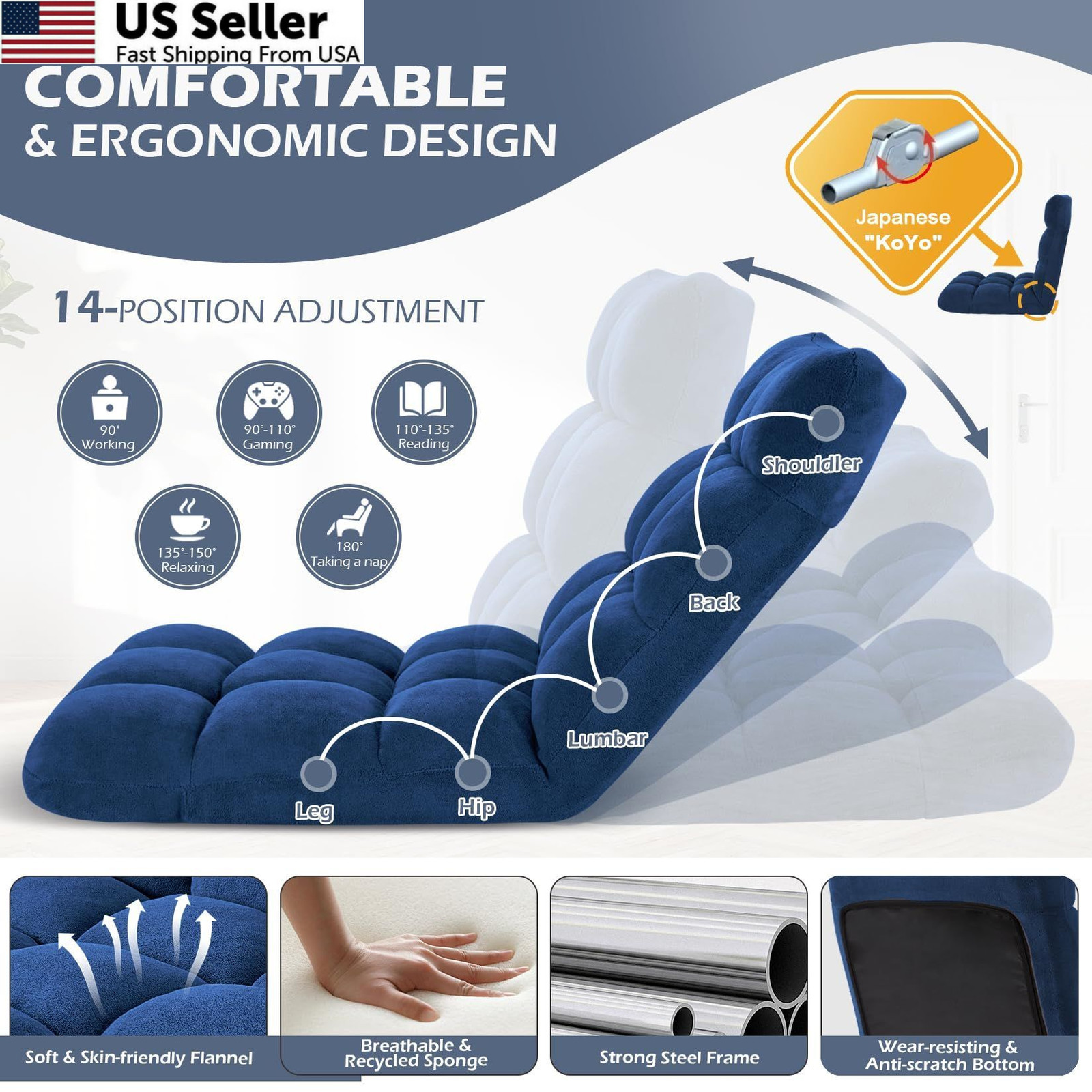 Avocahom Folding Floor Gaming Chair 2' 0.5" x 1' 10" x 10", Darkblue