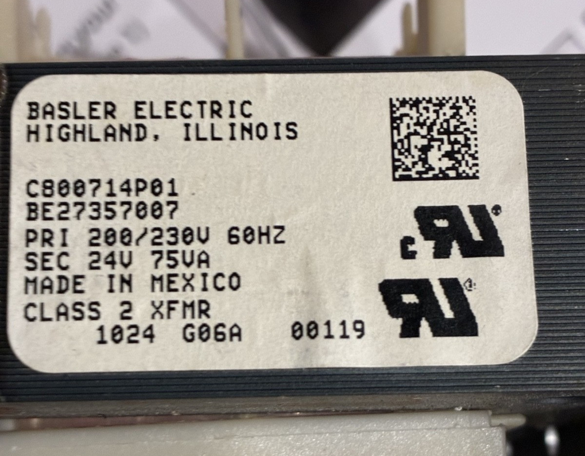 Basler Electric C800714P01 Control Transformer 200/230V to 24V 75VA - Trane HVAC
