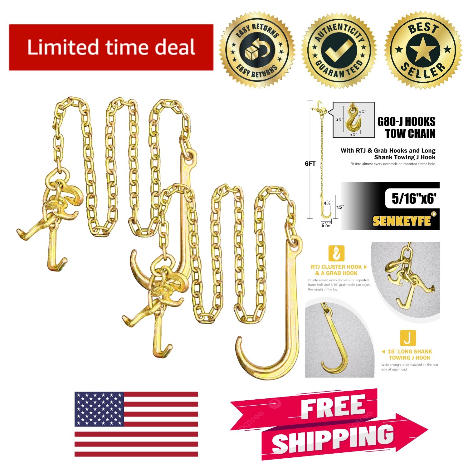 Grade 80 Certified 5/16" x 6' Towing Chain - 2PCS Durable Transport Equipment