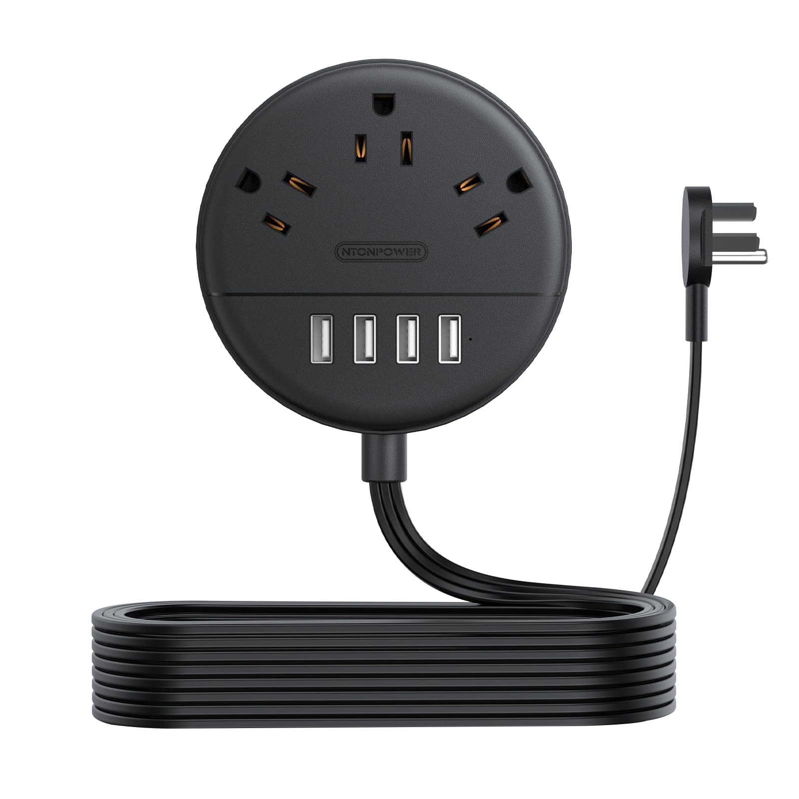 10 FT Flat Extension Cord Ultra Thin Plug Power Strip 4 USB 3 Outlet Black