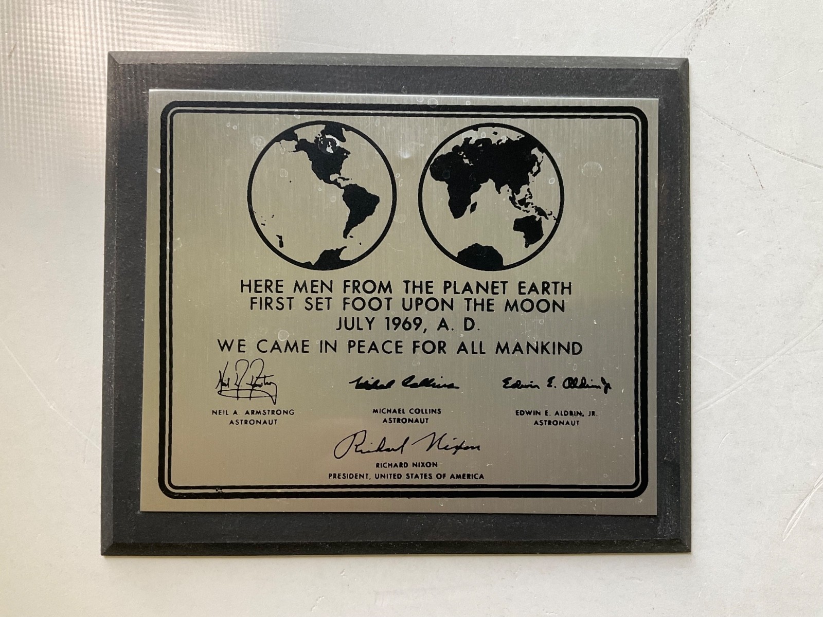 Vintge NASA “…First Set Foot Upon The Moon July 1969, A.D.” Metal/Wood Plaque