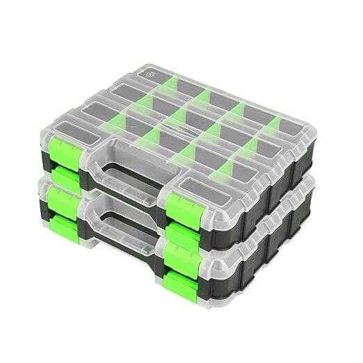 Tool Box with Transparent Lid, Double Side 34-Compartments 2 PACK Green
