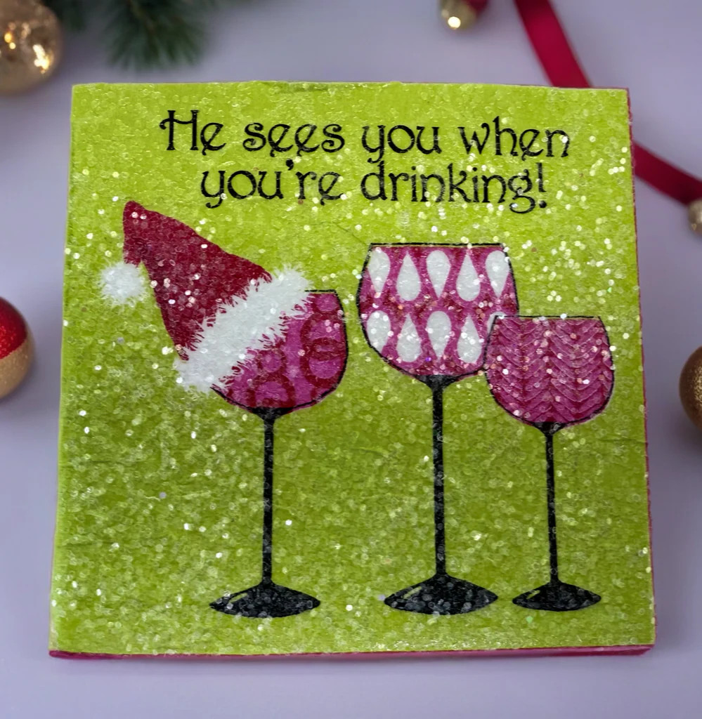 He See's You When You're Drinking Christmas Cocktail Ceramic Tile Coasters (set