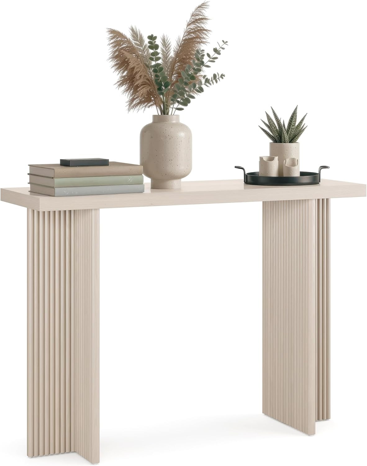 Fluted Console Table – Weathered White Solid Wood Entryway Table with Oak Grain
