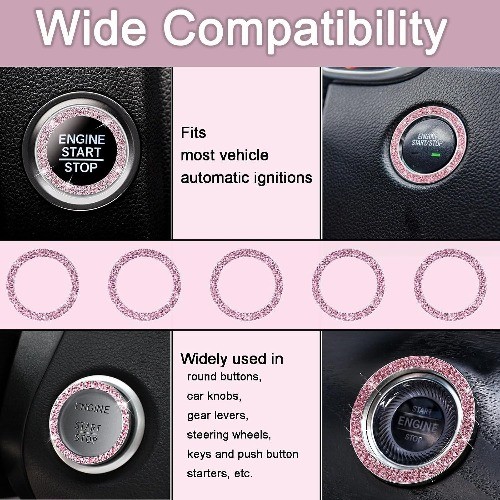 2-Pack Pink Crystal Car Engine Start Stop Button Decorative Ring Sticker, Interi