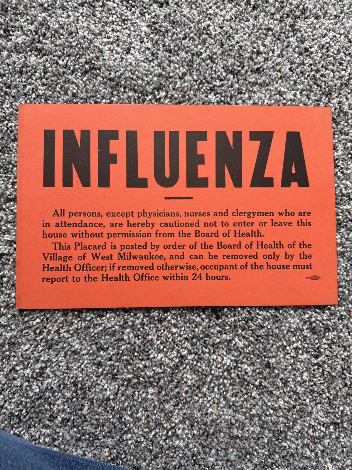Village Of West Milwaukee, WI Vintage Quarantine Sign For Influenza