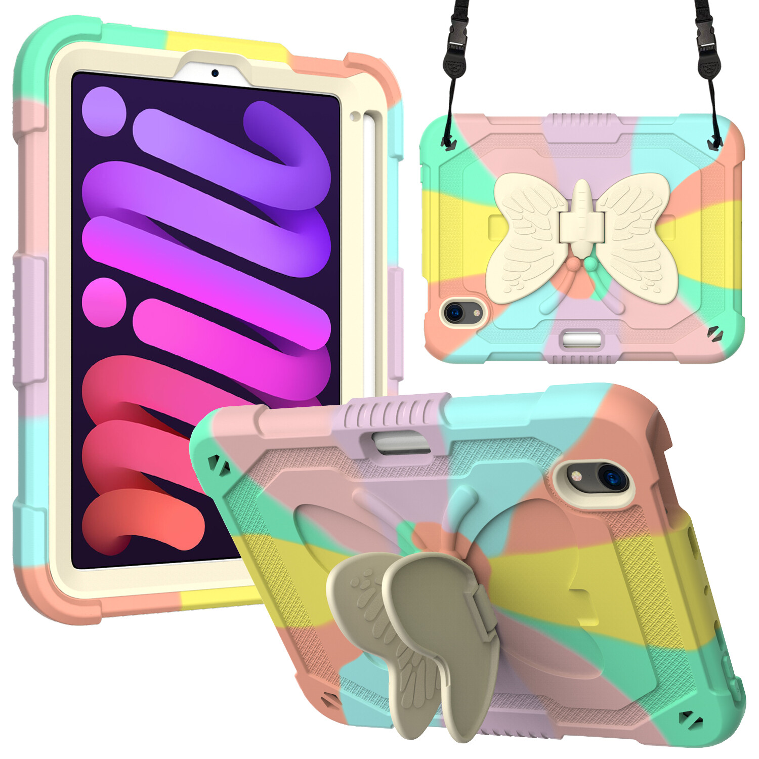 For iPad Mini 6  8.3" Kids Butterfly Colorful Handle Stand Shockproof Case Cover