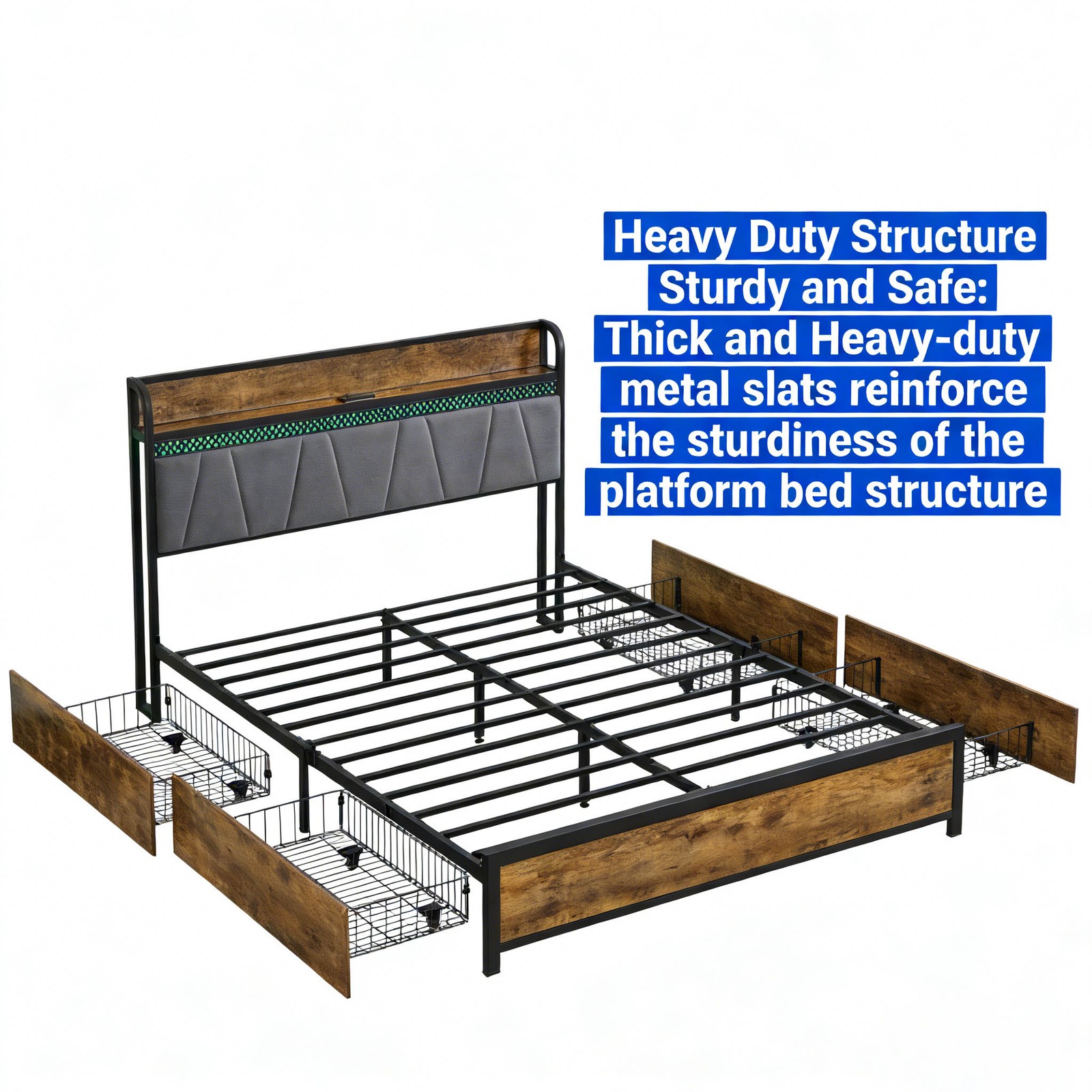 Bed Frame W Charging Station 4 Storage Drawers LED Lights
