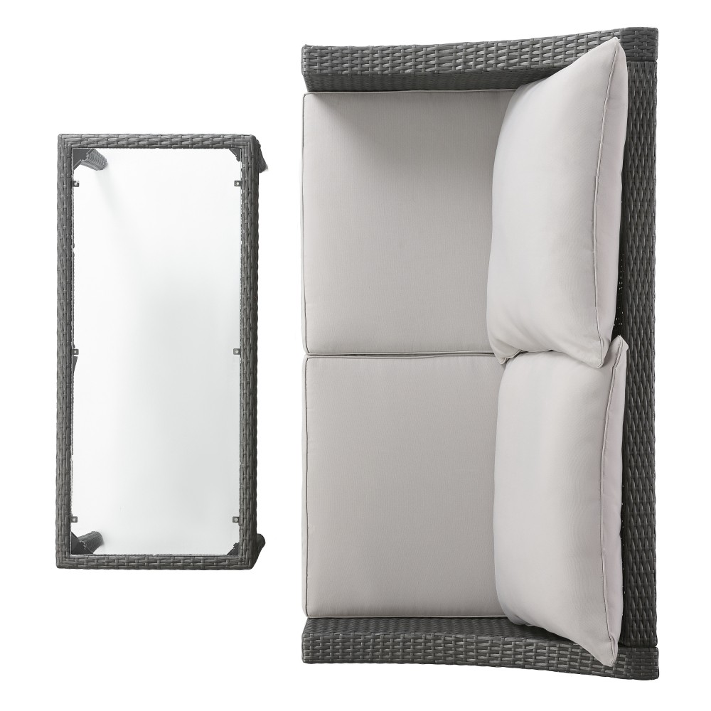 Outdoor Patio Loveseat with Glass Table & Removable Waterproof Cushions, Grey