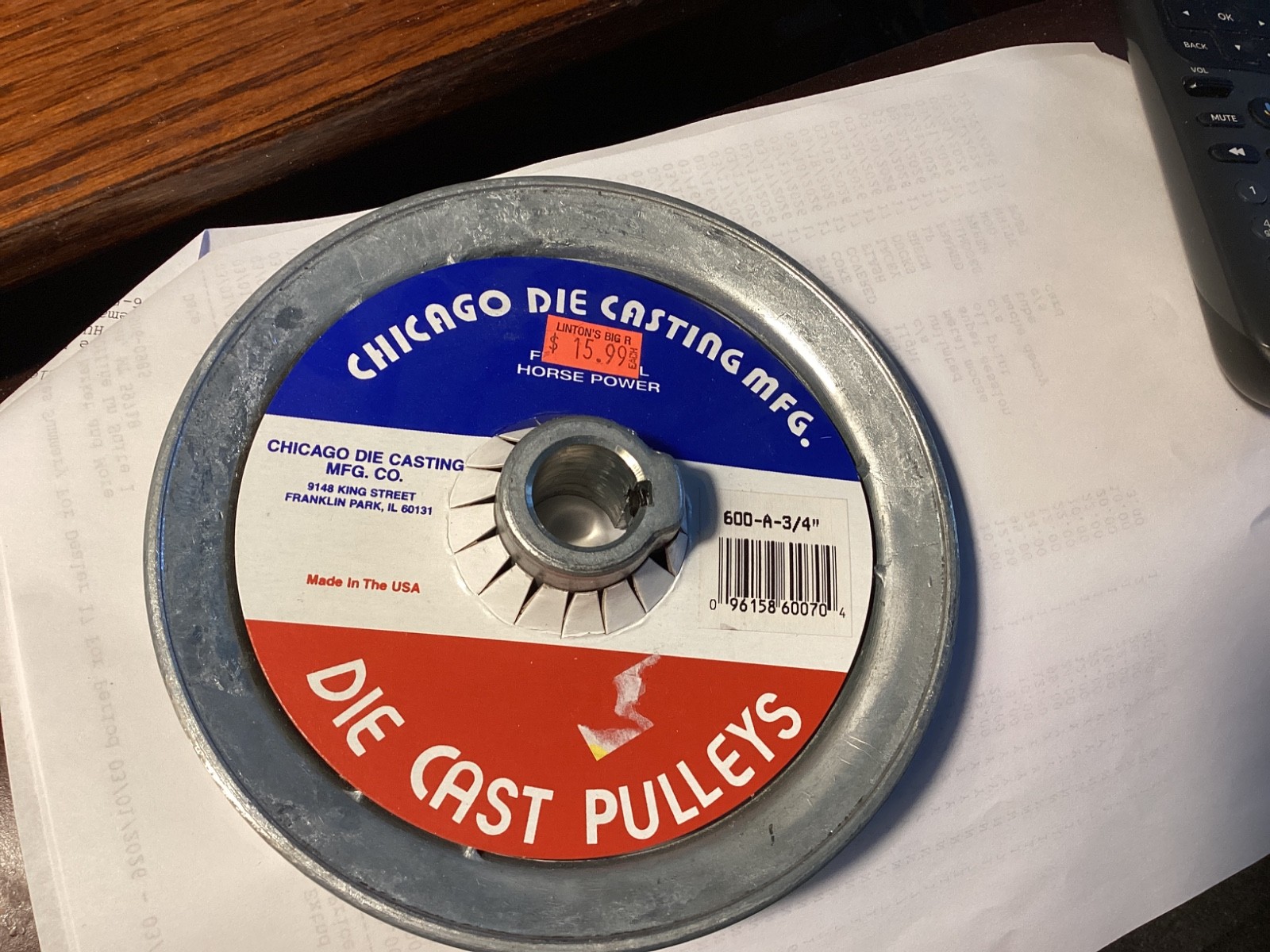 600 A 3/4 - 6"A DIE CAST PULLEY CHICAGO DIE CASTING MFG. 3/4” Bore New
