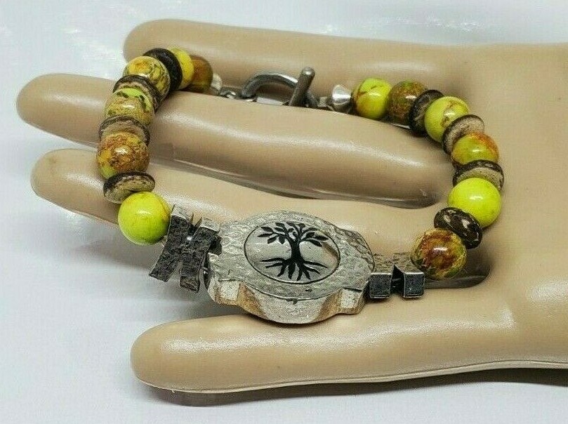 Green Brown Beaded Tree Design Bracelet 8" Marked KS