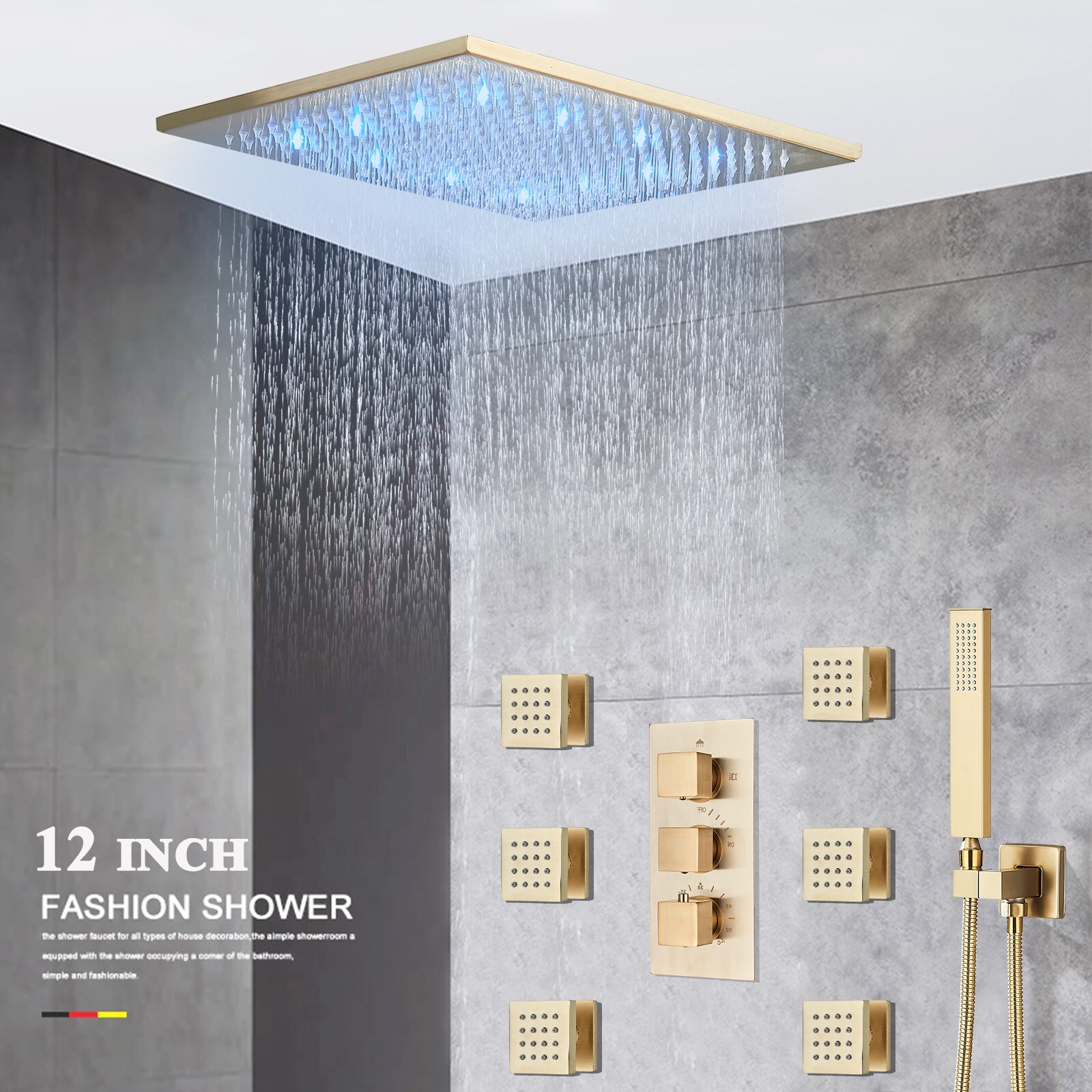 Brushed Gold Shower Faucet Set 12 inch LED Rain Head Thermostatic System Ceiling