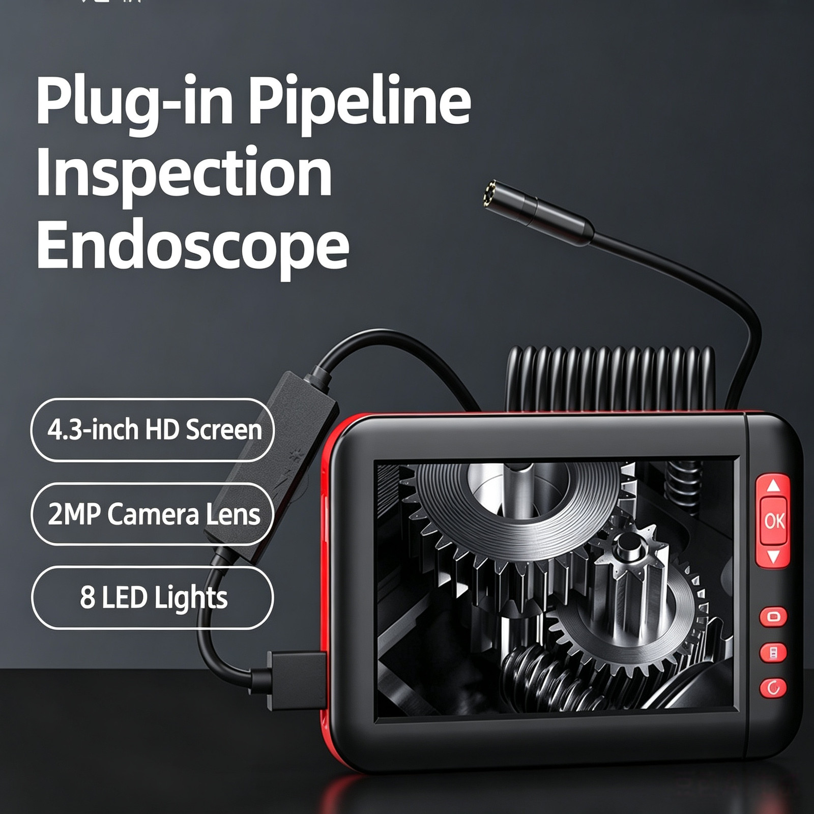 4.3 Inch HD Industrial Endoscope Camera with 8 LEDs 2MP Inspection Borescope