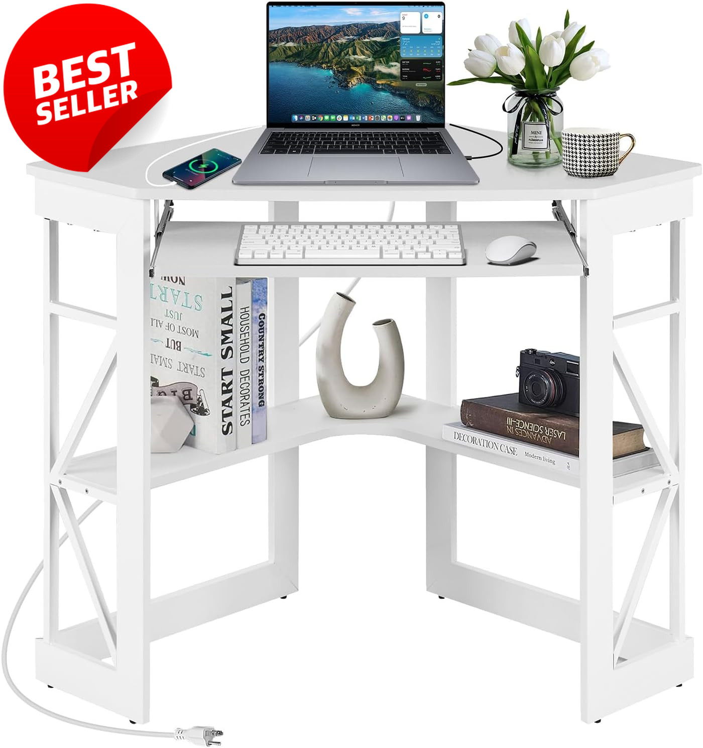Corner Desk 41x30 Triangle Small Space Shelves Charging White - US
