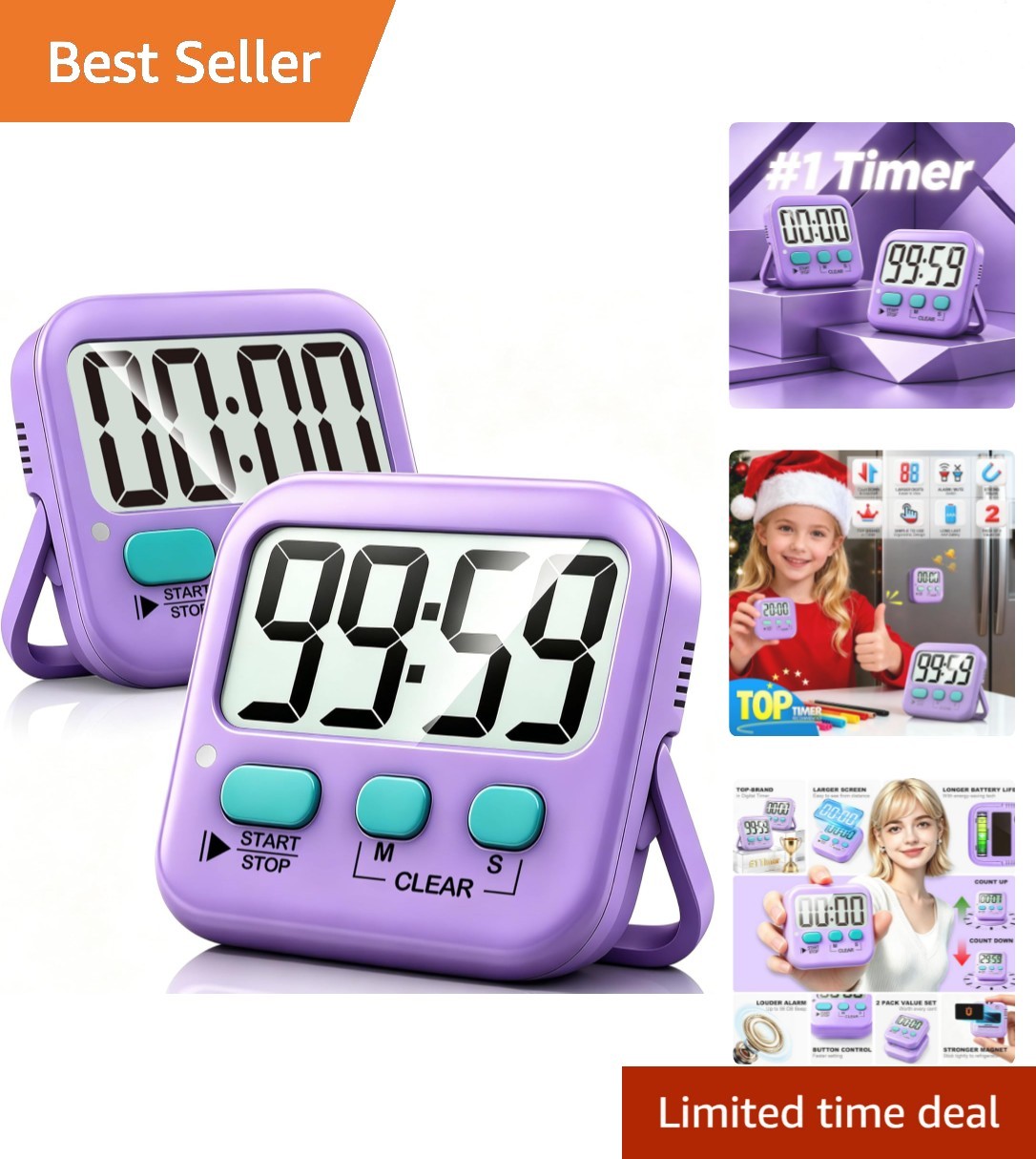 2 Pack Digital Timer for Kids, Magnetic Countdown Kitchen Timers for Cooking,...
