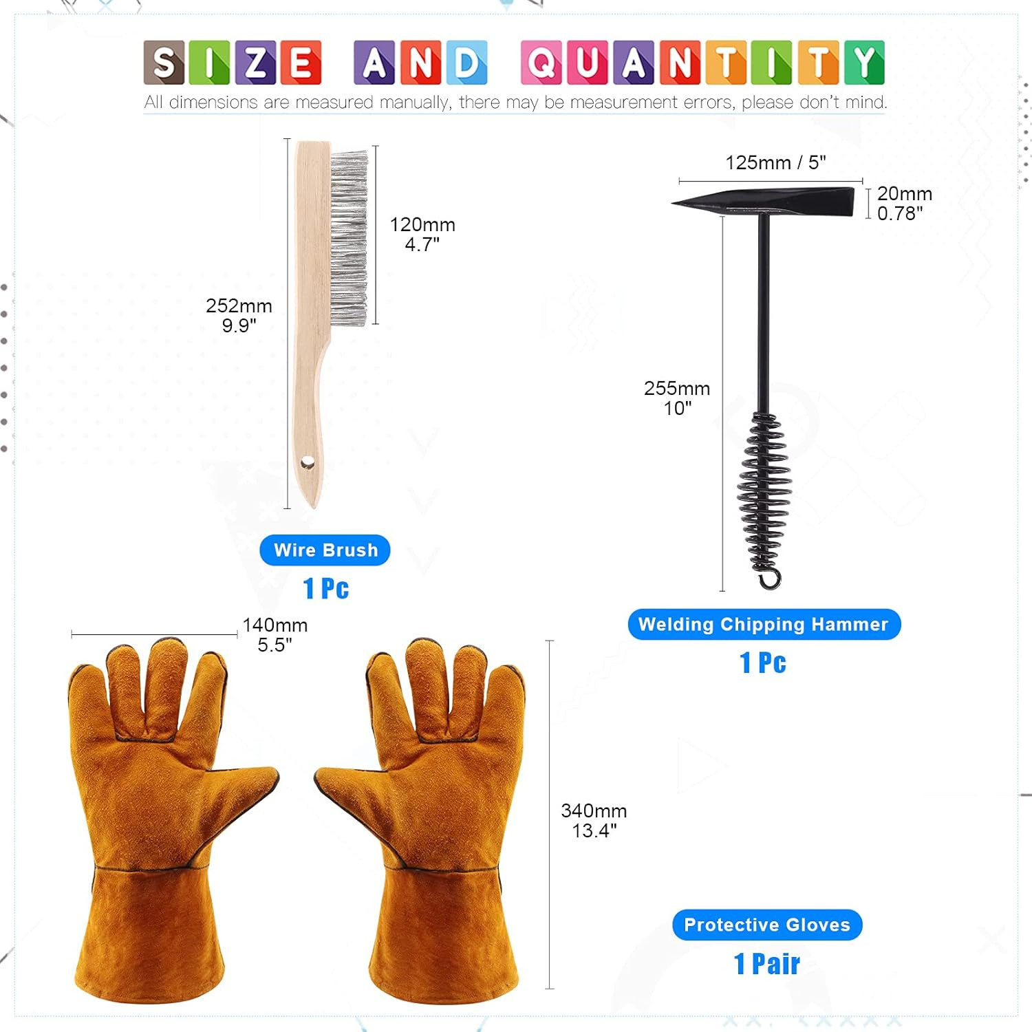 Welding Chipping Hammer Set 10" With Wire Brush And Protective Gloves 4Pc