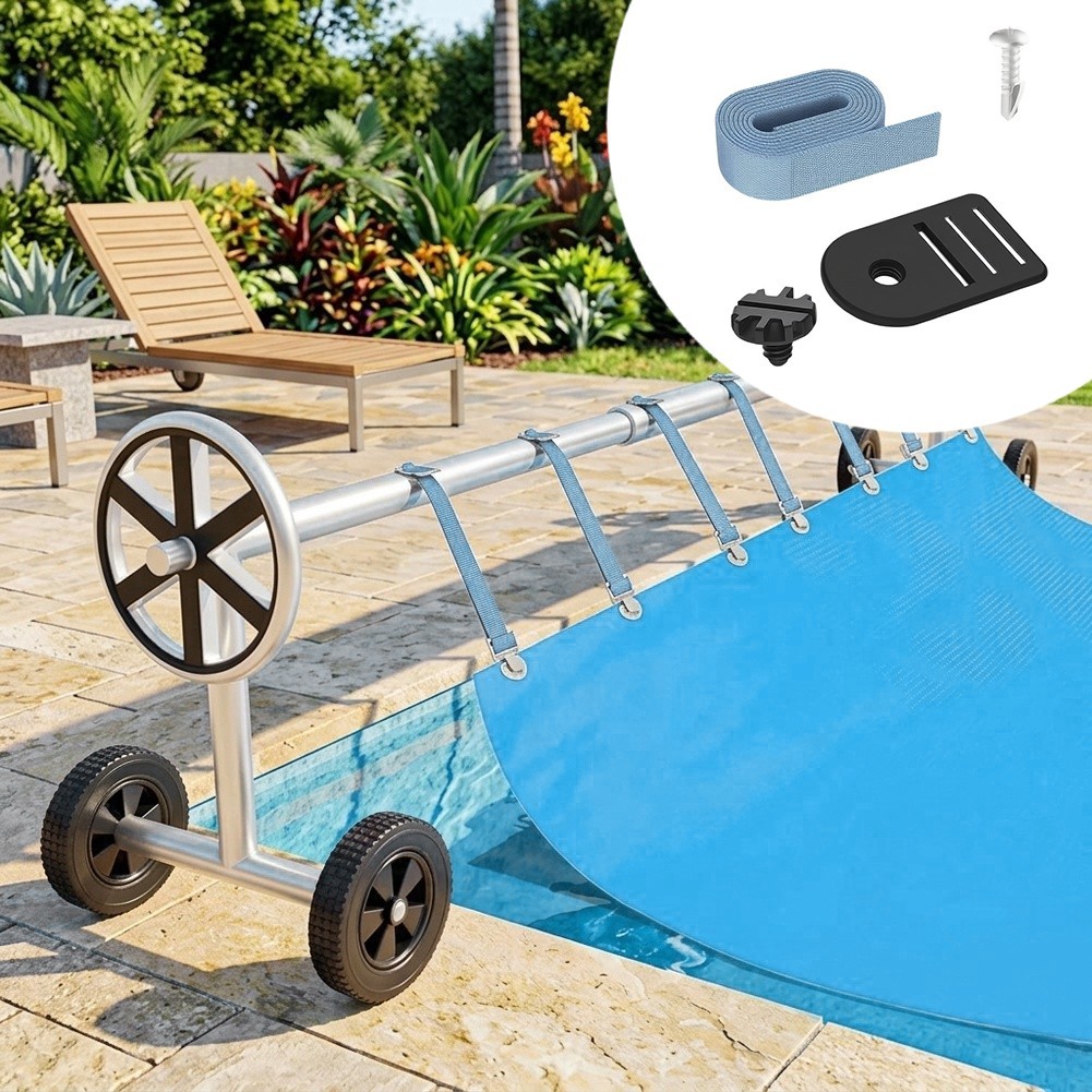 Pool Solar Cover Reel Attachment Set with 8 Straps and Mounting Plates