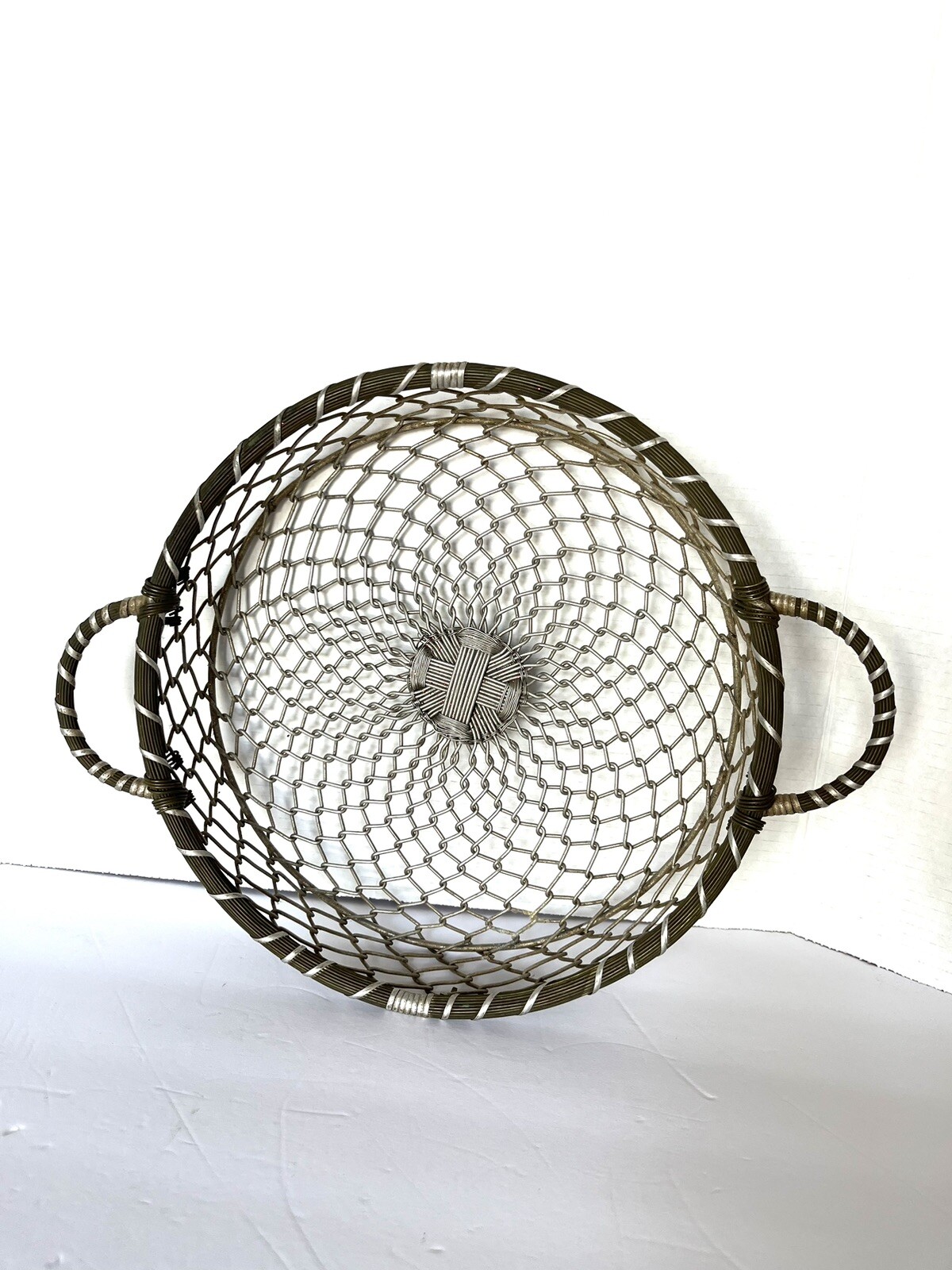 Woven Wire Basket Round Silvertone Kitchen Farmhouse Cabin  Industrial Minimal