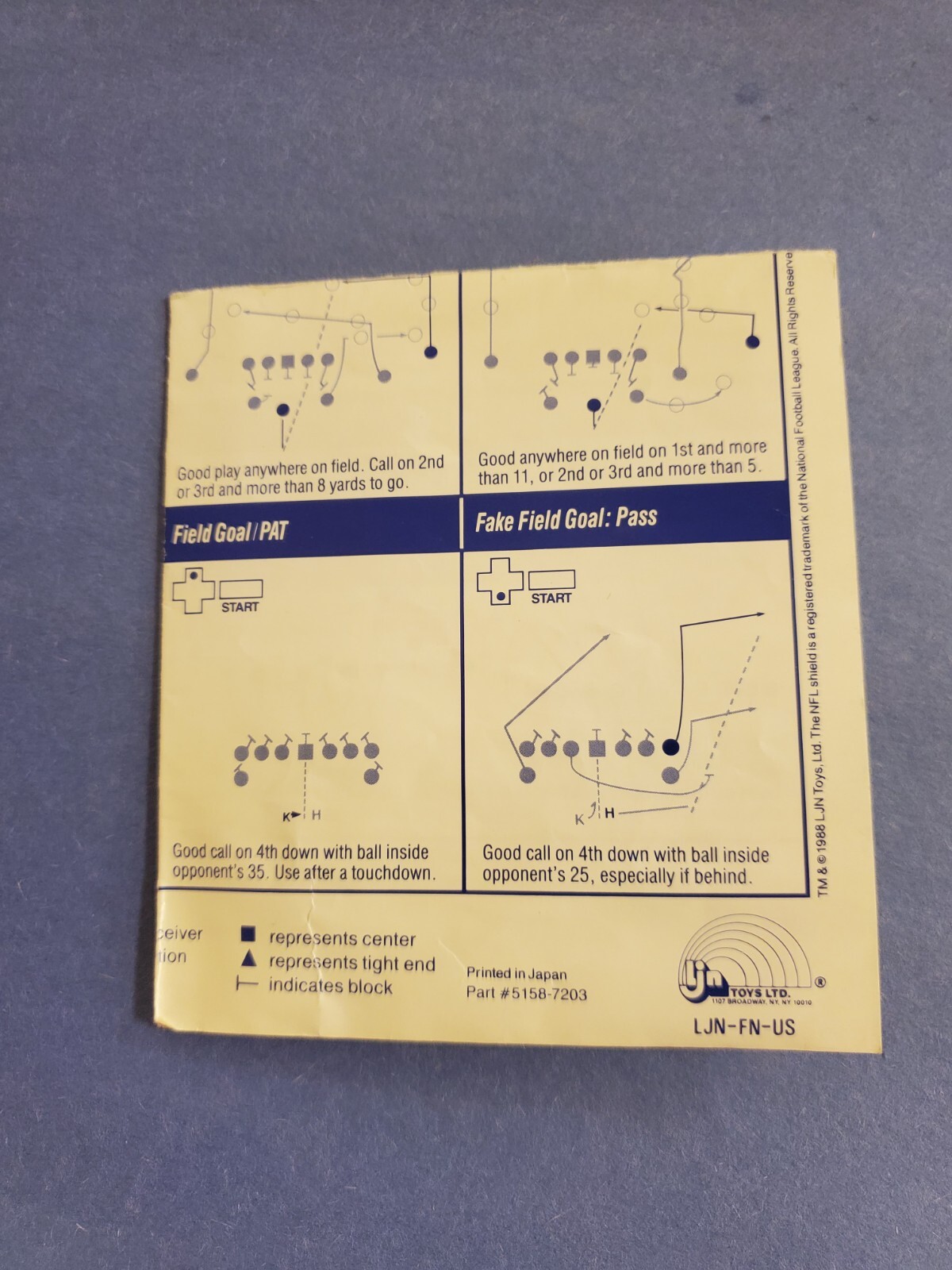 NES Nintendo NFL Play Sheet Insert LJN