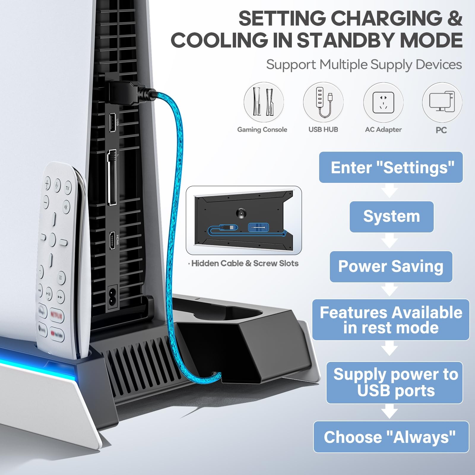 PS5/Slim/Pro Stand for Disc & Digital Console, PS5 Cooling & Black & White