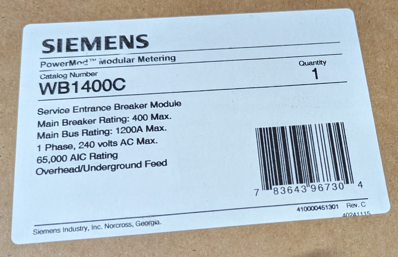 Siemens WB1400C Main Disconnect 400A Power Mod Service Entrance Breaker Module