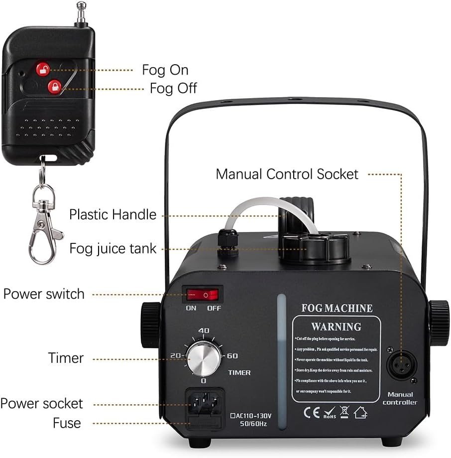 1000W Fog Machine with Timer, Wireless Remote, and Manual Control - Ideal for H