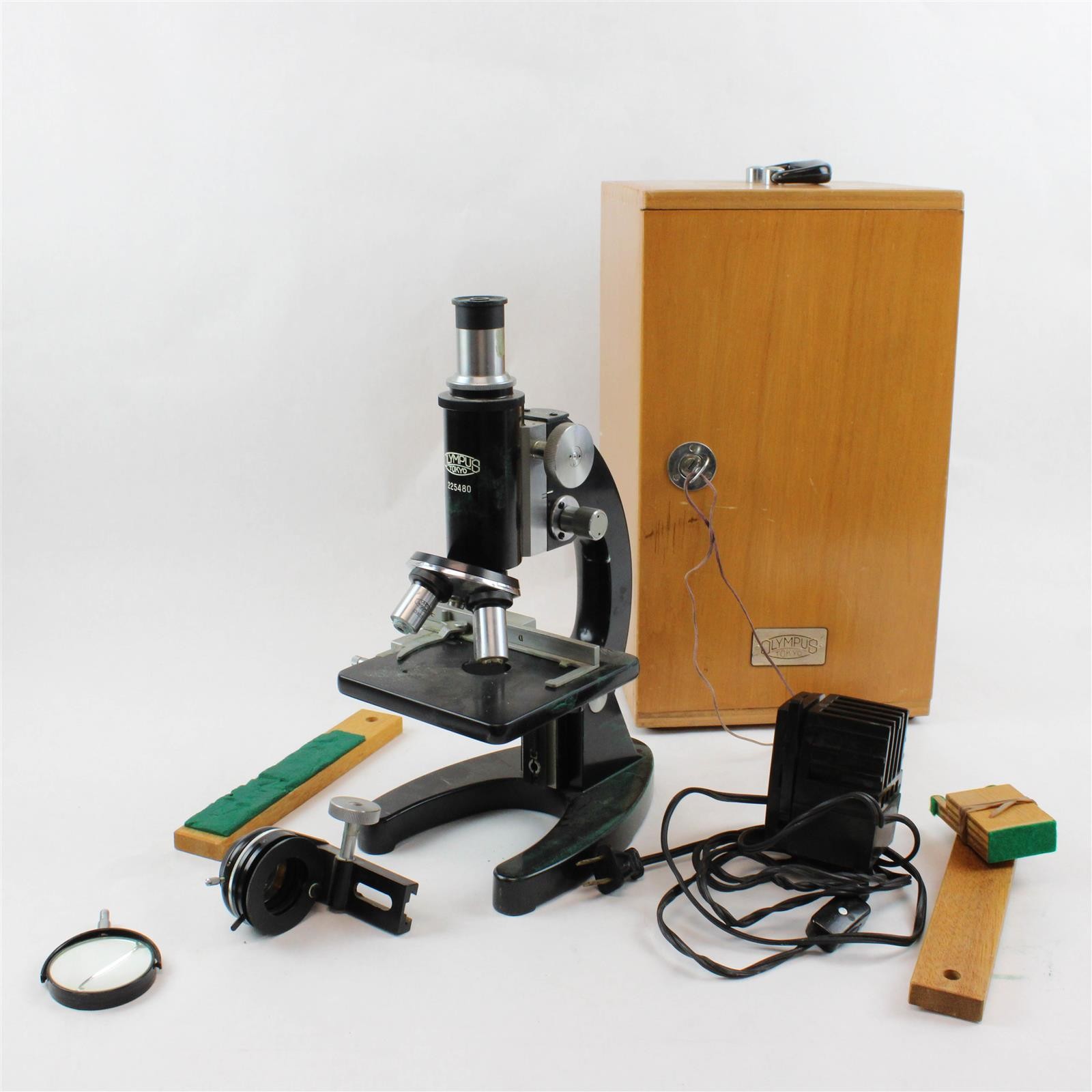 Vintage Olympus Tokyo Microscope Model 93688 with Original Wooden Case and Light